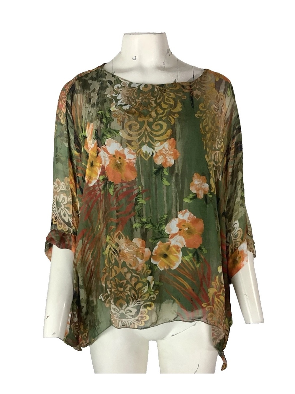 Grey Violet One Size 100% Italian Silk Floral Print Layered Capelet Blouse